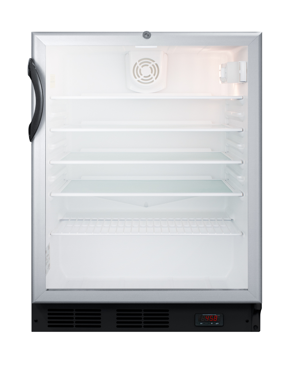ADA compliant commercial glass door craft beer and wine refrigerator for freestanding use, with digital thermostat, black cabinet, and lock